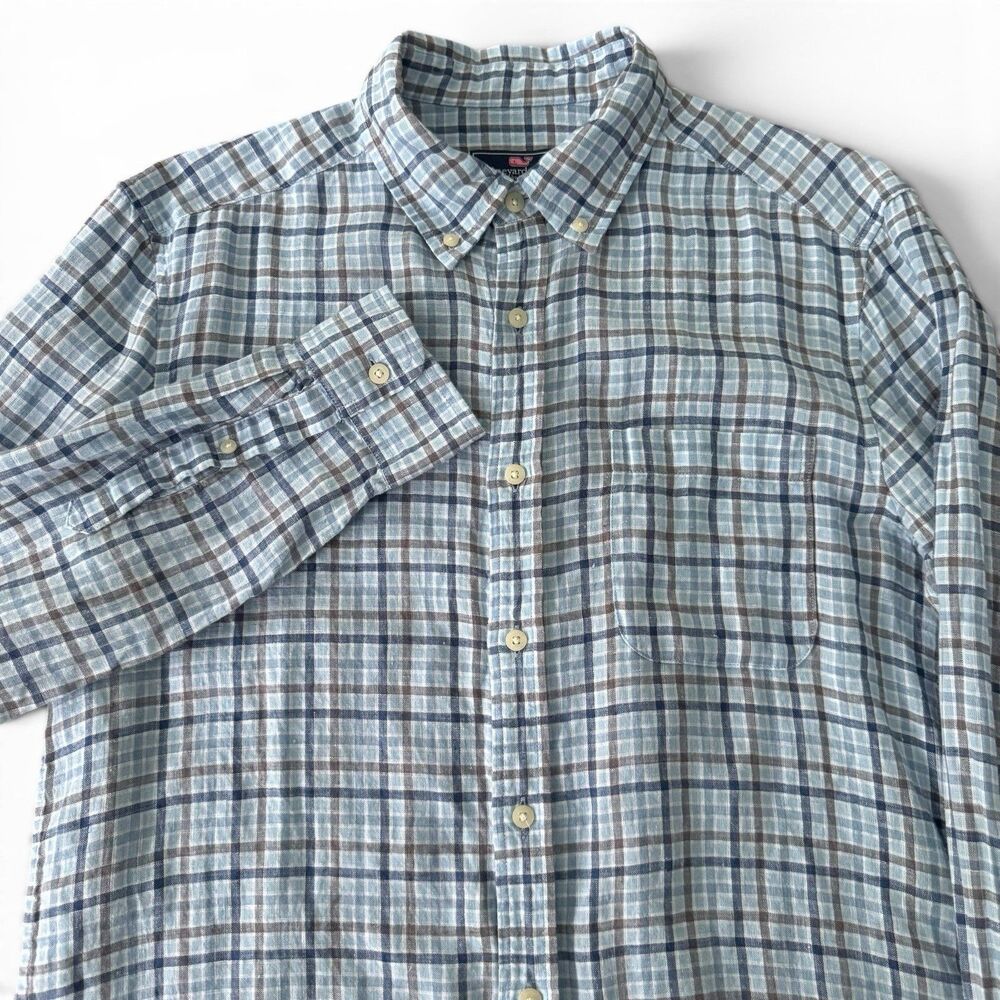 Vineyard Vines Classic Fit 100% Linen Shirt Men M Blue Striped Check Whale Logo